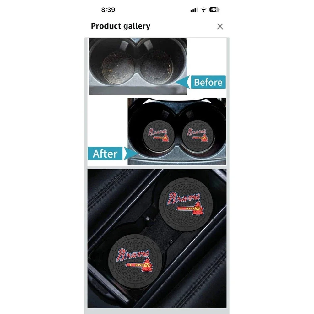 Atlanta Braves (2 pc) Car Cup Holder Mat Pad Silicone Coasters Black 2.75